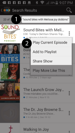 1. Search for "sound bites with melissa joy dobbins" 2. Choose Play Current Episode or Add to Playlist